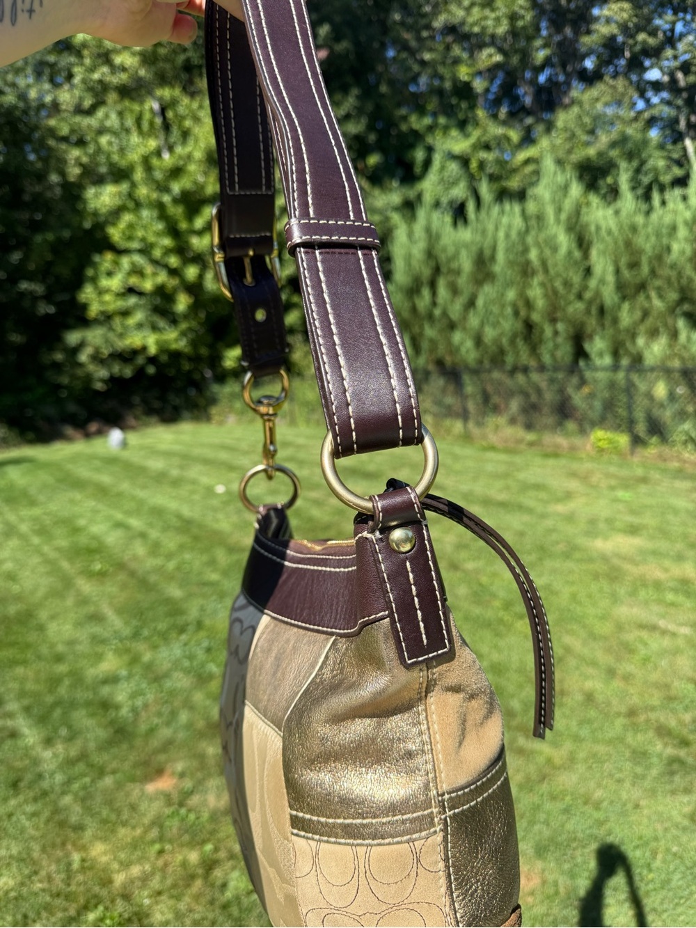 Vintage Y2K Coach Signature Patchwork Gold Brown Hobo Crossbody Bag - Picture 4 of 15